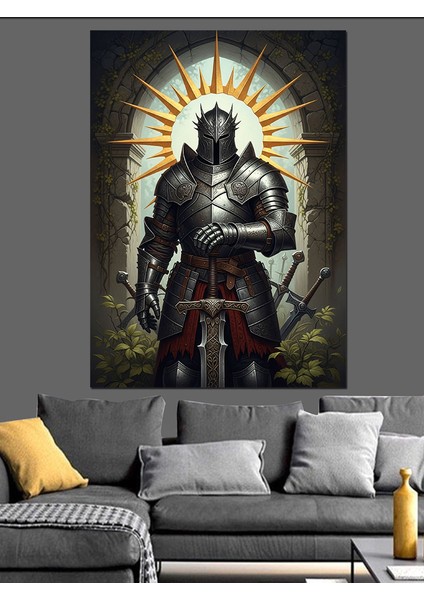 Siyah Zırhlı Kılıçlı Şövalye Dekoratif Kanvas - Mdf Ahşap Tablo fırsatları