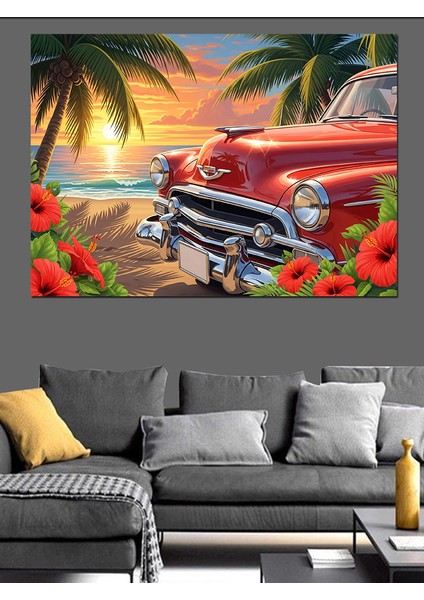 Klasik Kırmızı Araba ve Sahil Manzarası Dekoratif Kanvas - Mdf Ahşap Tablo