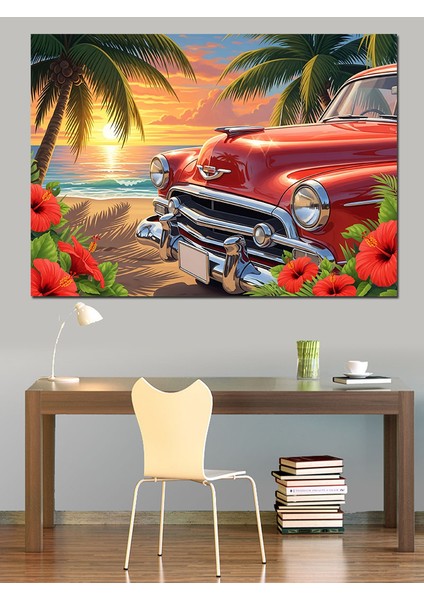 Klasik Kırmızı Araba ve Sahil Manzarası Dekoratif Kanvas - Mdf Ahşap Tablo indirimleri
