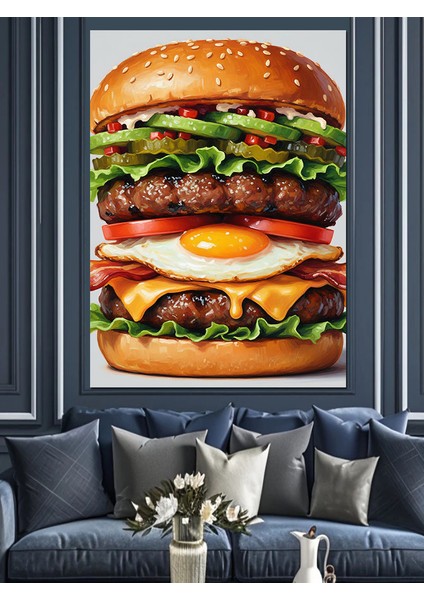 Büyük Suluboya Hamburger Lezzetli Dekoratif Kanvas - Mdf Ahşap Tablo