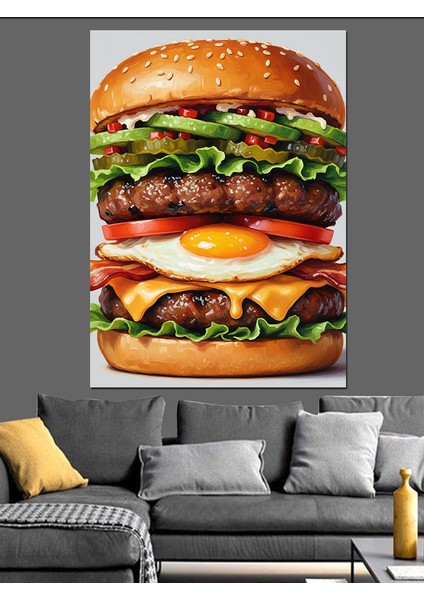 Büyük Suluboya Hamburger Lezzetli Dekoratif Kanvas - Mdf Ahşap Tablo fiyatları