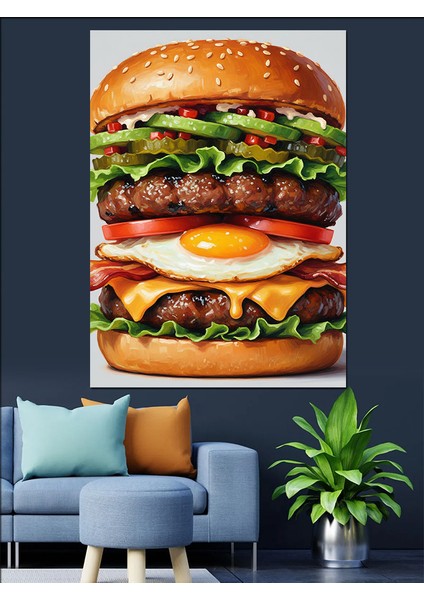 Büyük Suluboya Hamburger Lezzetli Dekoratif Kanvas - Mdf Ahşap Tablo fırsatları