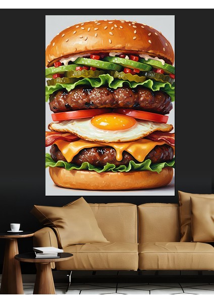 Büyük Suluboya Hamburger Lezzetli Dekoratif Kanvas - Mdf Ahşap Tablo indirimleri