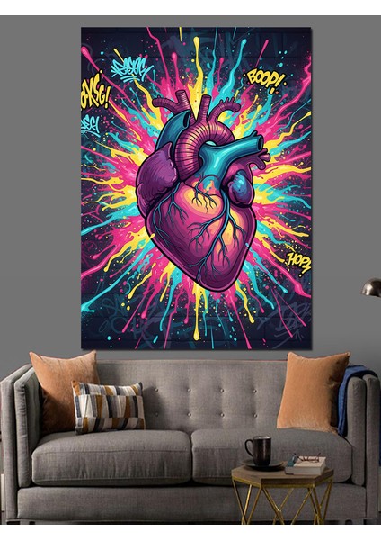 Anatomik Kalp Canlı Renkler Dekoratif Kanvas - Mdf Ahşap Tablo