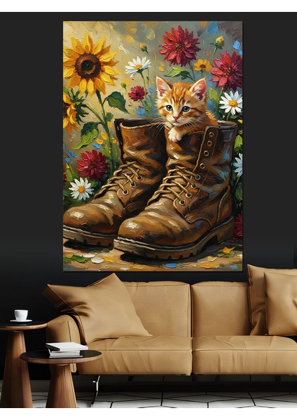 Çizme Ayakkabı Çiçekler ve Yavru Kedi Dekoratif Kanvas - Mdf Ahşap Tablo