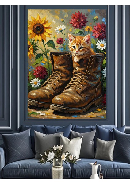 Çizme Ayakkabı Çiçekler ve Yavru Kedi Dekoratif Kanvas - Mdf Ahşap Tablo fiyatları