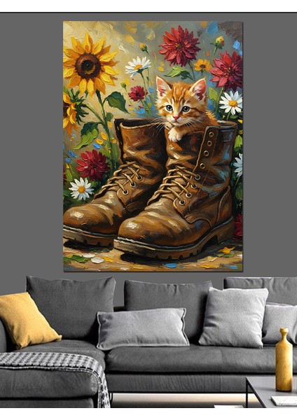 Çizme Ayakkabı Çiçekler ve Yavru Kedi Dekoratif Kanvas - Mdf Ahşap Tablo modelleri