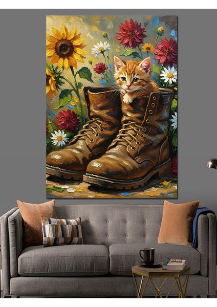 Çizme Ayakkabı Çiçekler ve Yavru Kedi Dekoratif Kanvas - Mdf Ahşap Tablo fırsatları