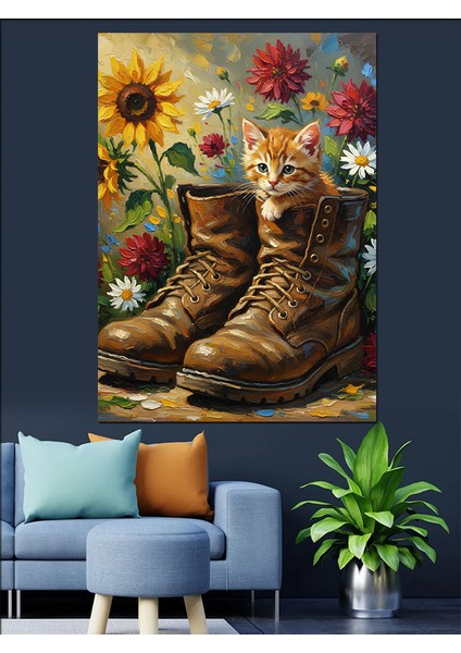 Çizme Ayakkabı Çiçekler ve Yavru Kedi Dekoratif Kanvas - Mdf Ahşap Tablo indirimleri