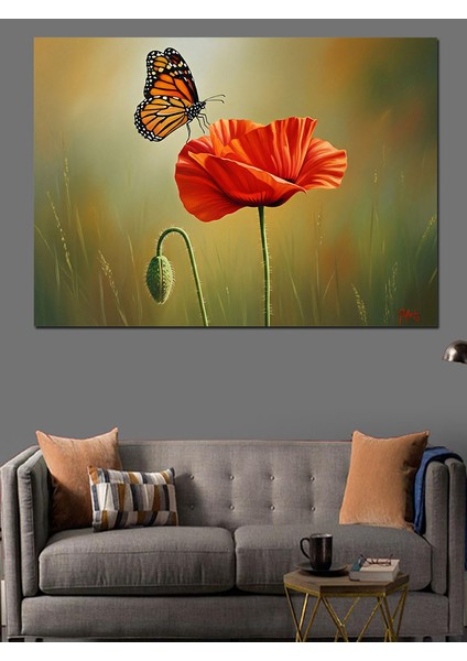 Haşhaş Çiçeği Üstünde Kelebek Dekoratif Kanvas - Mdf Ahşap Tablo