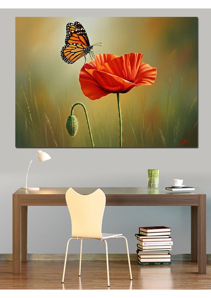 Haşhaş Çiçeği Üstünde Kelebek Dekoratif Kanvas - Mdf Ahşap Tablo fiyatları
