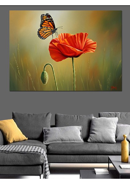 Haşhaş Çiçeği Üstünde Kelebek Dekoratif Kanvas - Mdf Ahşap Tablo modelleri
