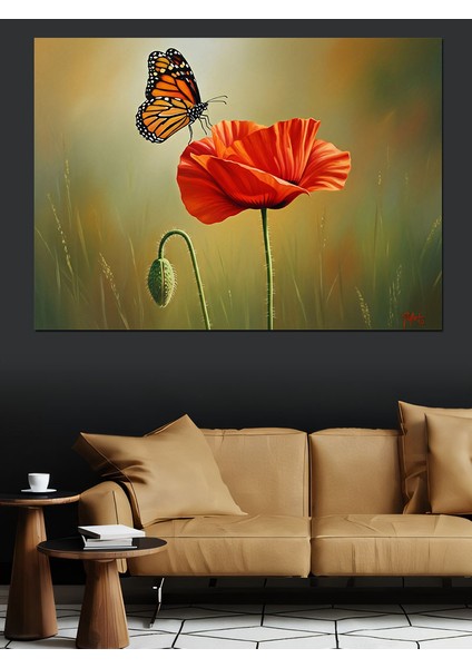 Haşhaş Çiçeği Üstünde Kelebek Dekoratif Kanvas - Mdf Ahşap Tablo fırsatları