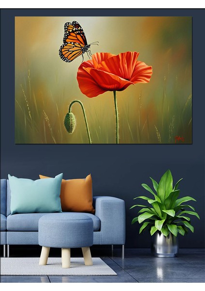 Haşhaş Çiçeği Üstünde Kelebek Dekoratif Kanvas - Mdf Ahşap Tablo indirimleri