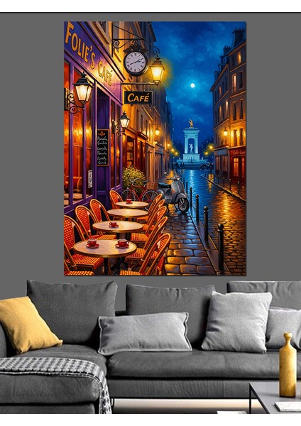 Neon Işıklı Şehir Sokağı ve Cafe Dekoratif Kanvas - Mdf Ahşap Tablo