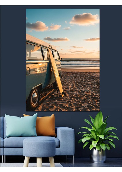 Gün Batımı Surf ve Minibüs Dekoratif Kanvas - Mdf Ahşap Tablo