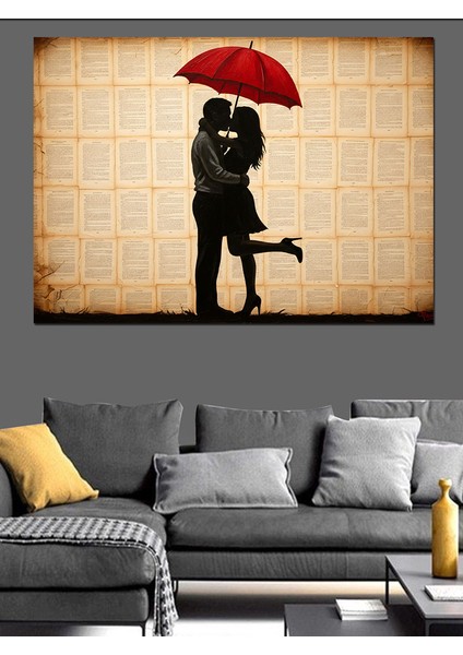 Kırmızı Şemsiye Altında Aşık Çift Silüeti Dekoratif Kanvas - Mdf Ahşap Tablo modelleri