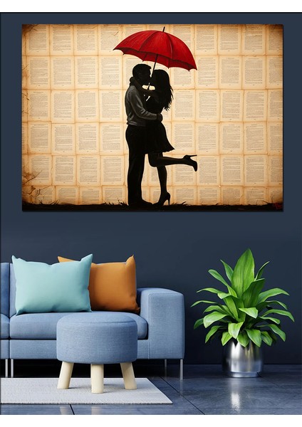 Kırmızı Şemsiye Altında Aşık Çift Silüeti Dekoratif Kanvas - Mdf Ahşap Tablo indirimleri