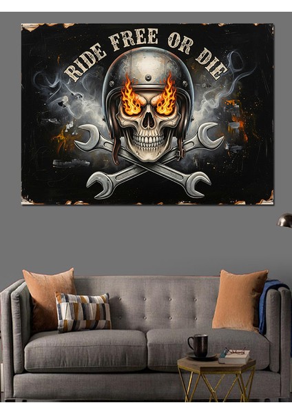 Kafatası ve Anahtar Amblemli "özgürce Sür Ya Da Öl" Motorcu Afişi Dekoratif Kanvas - Mdf Ahşap Tablo