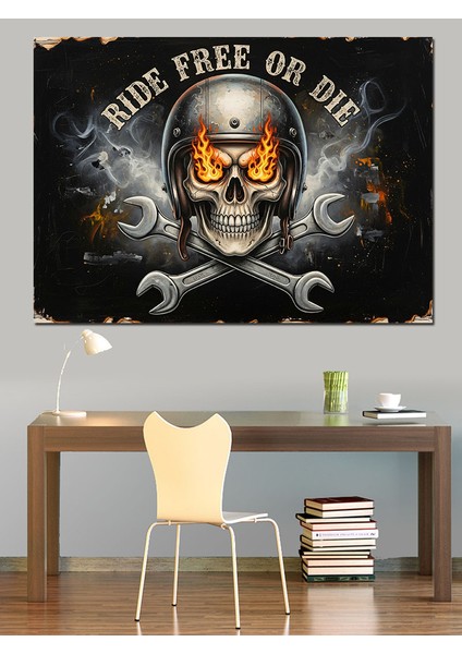 Kafatası ve Anahtar Amblemli "özgürce Sür Ya Da Öl" Motorcu Afişi Dekoratif Kanvas - Mdf Ahşap Tablo fiyatları
