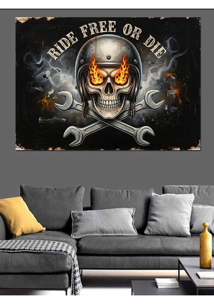 Kafatası ve Anahtar Amblemli "özgürce Sür Ya Da Öl" Motorcu Afişi Dekoratif Kanvas - Mdf Ahşap Tablo modelleri