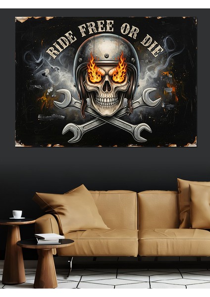 Kafatası ve Anahtar Amblemli "özgürce Sür Ya Da Öl" Motorcu Afişi Dekoratif Kanvas - Mdf Ahşap Tablo fırsatları
