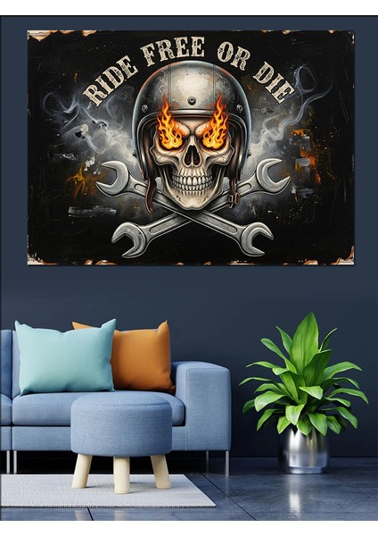 Kafatası ve Anahtar Amblemli "özgürce Sür Ya Da Öl" Motorcu Afişi Dekoratif Kanvas - Mdf Ahşap Tablo indirimleri