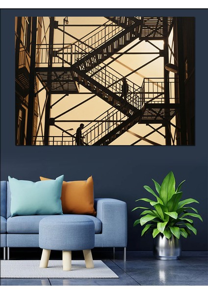 Yüksek Metal Merdivenli Yapı Illüstrasyon Dekoratif Kanvas - Mdf Ahşap Tablo