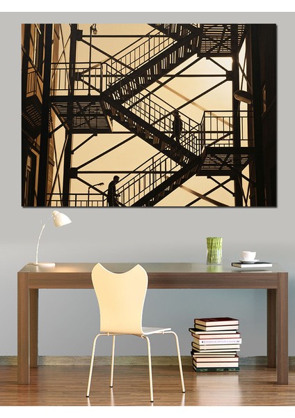 Yüksek Metal Merdivenli Yapı Illüstrasyon Dekoratif Kanvas - Mdf Ahşap Tablo modelleri