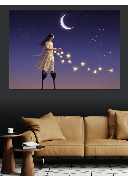 Gökyüzüne Yükselen Kız Yıldızlar ve Hilal Dekoratif Kanvas - Mdf Ahşap Tablo