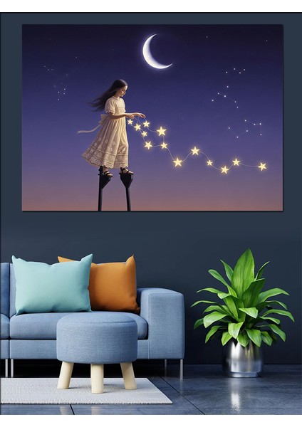 Gökyüzüne Yükselen Kız Yıldızlar ve Hilal Dekoratif Kanvas - Mdf Ahşap Tablo fiyatları