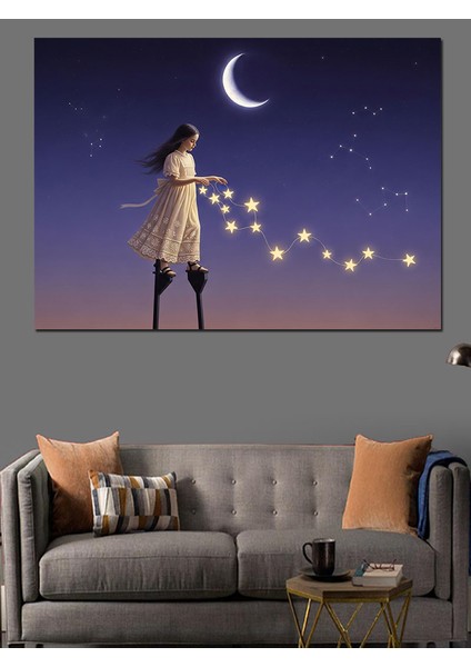 Gökyüzüne Yükselen Kız Yıldızlar ve Hilal Dekoratif Kanvas - Mdf Ahşap Tablo modelleri