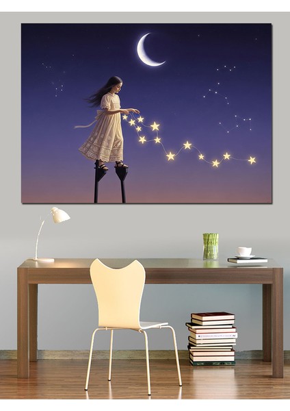 Gökyüzüne Yükselen Kız Yıldızlar ve Hilal Dekoratif Kanvas - Mdf Ahşap Tablo fırsatları