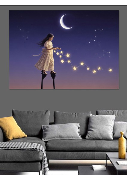 Gökyüzüne Yükselen Kız Yıldızlar ve Hilal Dekoratif Kanvas - Mdf Ahşap Tablo indirimleri