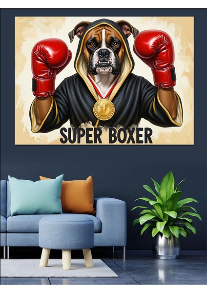 Boksör Köpek Süper Boksör Dekoratif Kanvas - Mdf Ahşap Tablo