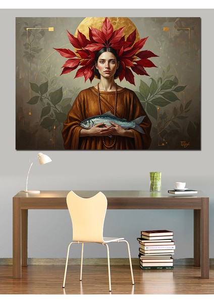 Çiçek Taçlı Balık Tutan Kadın Portresi Dekoratif Kanvas - Mdf Ahşap Tablo