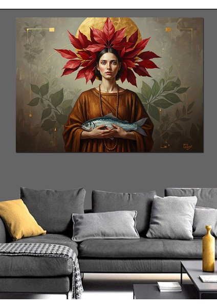 Çiçek Taçlı Balık Tutan Kadın Portresi Dekoratif Kanvas - Mdf Ahşap Tablo fiyatları