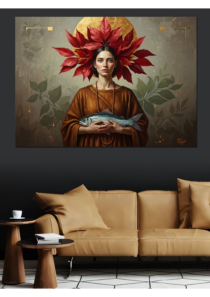 Çiçek Taçlı Balık Tutan Kadın Portresi Dekoratif Kanvas - Mdf Ahşap Tablo modelleri