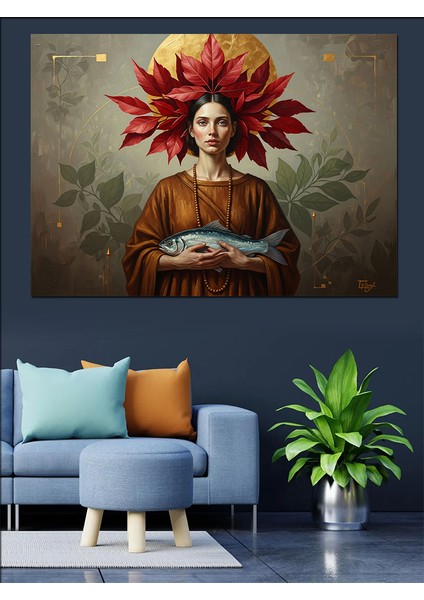 Çiçek Taçlı Balık Tutan Kadın Portresi Dekoratif Kanvas - Mdf Ahşap Tablo fırsatları