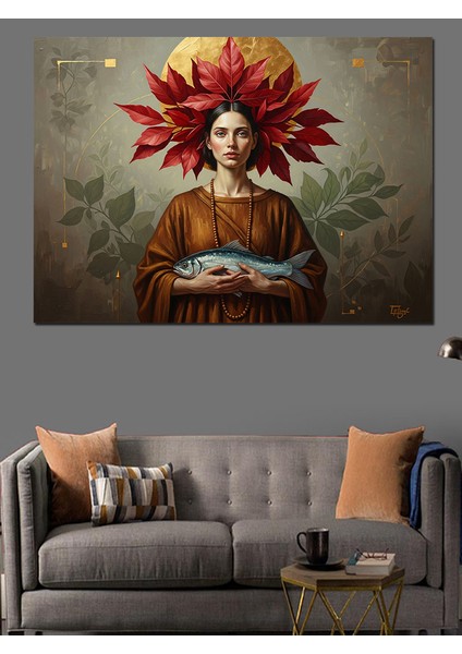 Çiçek Taçlı Balık Tutan Kadın Portresi Dekoratif Kanvas - Mdf Ahşap Tablo indirimleri