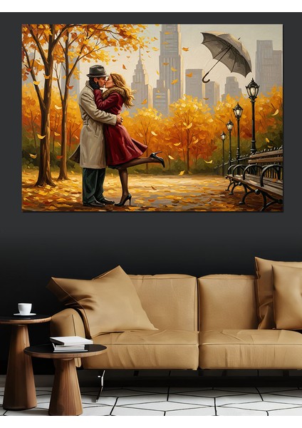 Güz Manzarasında Aşıklar Figürü Dekoratif Kanvas - Mdf Ahşap Tablo