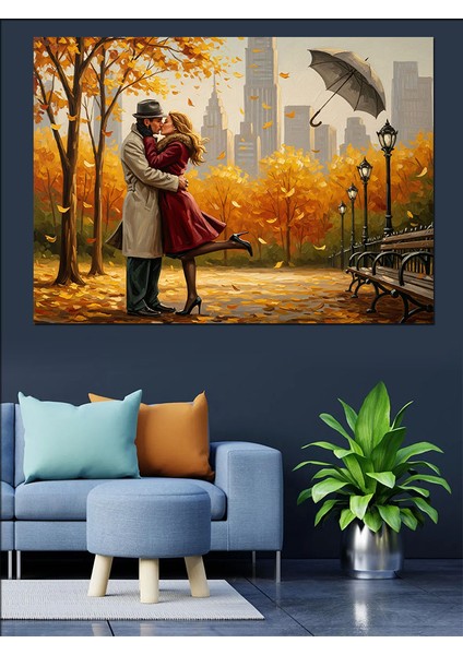 Güz Manzarasında Aşıklar Figürü Dekoratif Kanvas - Mdf Ahşap Tablo fiyatları