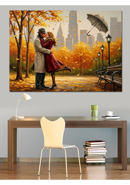 Güz Manzarasında Aşıklar Figürü Dekoratif Kanvas - Mdf Ahşap Tablo fırsatları
