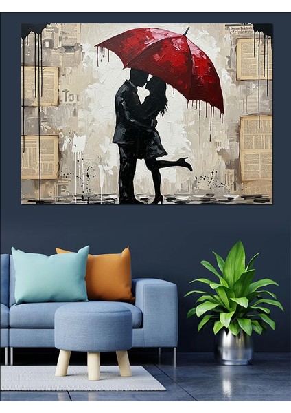 Kırmızı Şemsiyeli Aşıklar Silüeti Dekoratif Kanvas - Mdf Ahşap Tablo