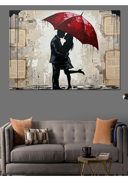 Kırmızı Şemsiyeli Aşıklar Silüeti Dekoratif Kanvas - Mdf Ahşap Tablo fiyatları