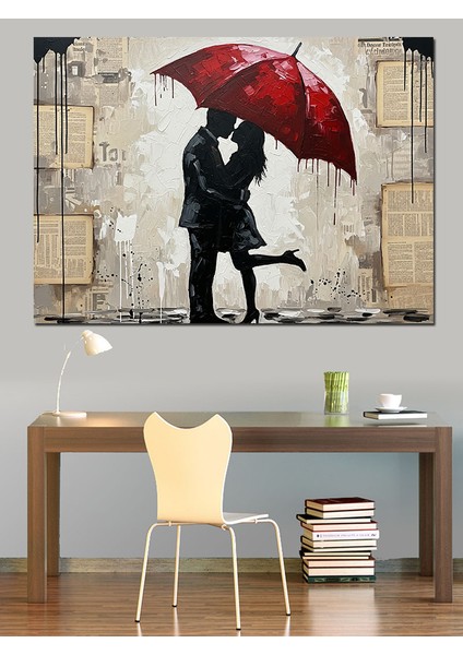 Kırmızı Şemsiyeli Aşıklar Silüeti Dekoratif Kanvas - Mdf Ahşap Tablo modelleri