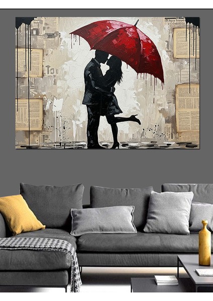 Kırmızı Şemsiyeli Aşıklar Silüeti Dekoratif Kanvas - Mdf Ahşap Tablo fırsatları
