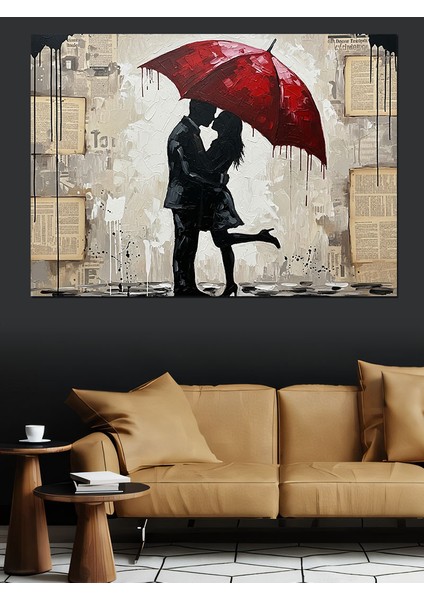 Kırmızı Şemsiyeli Aşıklar Silüeti Dekoratif Kanvas - Mdf Ahşap Tablo indirimleri