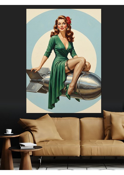 Turkuaz Elbiseli Retro Vintage Kadın Dekoratif Kanvas - Mdf Ahşap Tablo