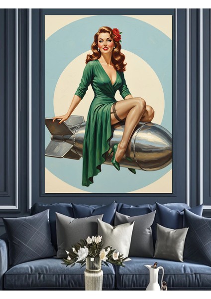 Turkuaz Elbiseli Retro Vintage Kadın Dekoratif Kanvas - Mdf Ahşap Tablo fiyatları